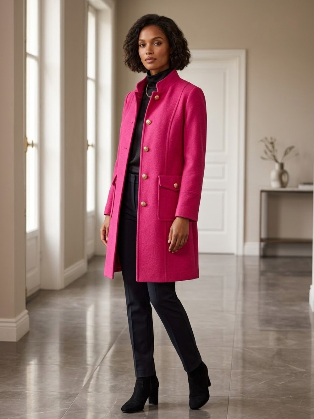 NWT Talbots bright pink wool blend, structured pea coat gold buttons 8P